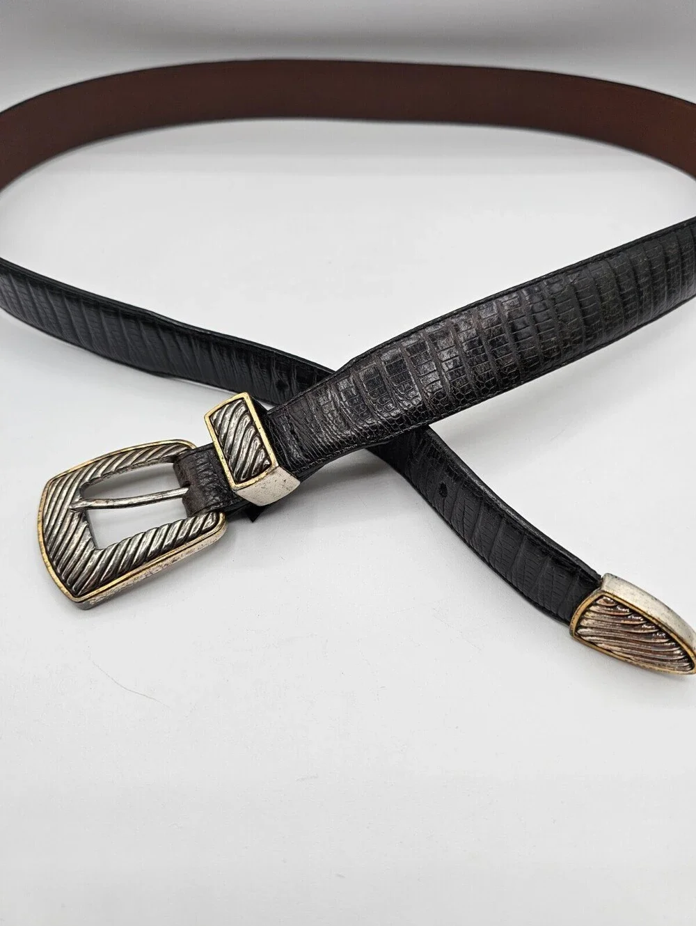 Vintage 1990's Onyx by Brighton Sz 42 2 Tone Black Brown Leather Western Belt